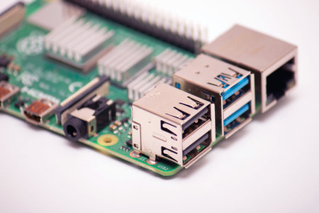 Kiev, Ukraine - August 13th, 2020: Focused USB 2.0 connector on Raspberry Pi 4 computer. defocused remainder of the microboardのeditorial素材