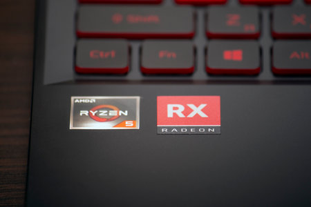 Kiev, Ukraine - August 05th, 2020: AMD Reyzen and Radeon RX sticker on laptop caseのeditorial素材