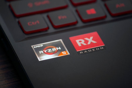 Kiev, Ukraine - August 05th, 2020: AMD Reyzen and Radeon RX sticker on laptop caseのeditorial素材
