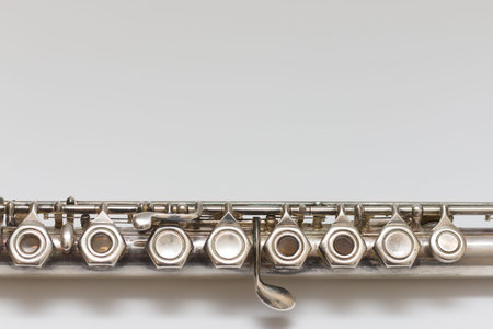 Silvery musical instrument with keys on a white background with soft shadowの写真素材
