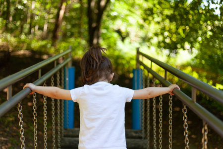 Back view of a little girl having fun on an outdoor playground.の写真素材