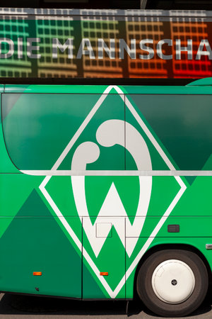 Bremen, Germany, August 22th 2023. Bremen Werder bus in the parking lot. Football club transport emblemのeditorial素材