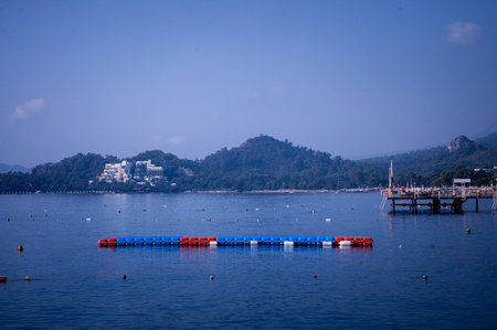 sea coast. clear weather. summer. rest. trips. beach, palm trees and mountains