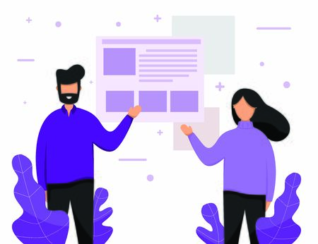 flat illustration man and woman with high technology news updateのイラスト素材