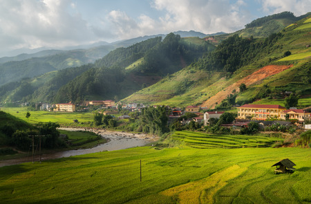 Terraced rice field landscape near Sapa in Vietnam. Mu Cang Chai Rice Terrace Fields stretching across the mountainside, layer by layer reaching up as endless, with about 2,200 hectares of rice terraces, of which 500 hectares of terraces of 3 communes sucのeditorial素材