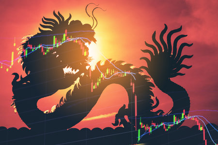 China stock market price graph display. Dragon as background means China economy concept. Stock market graph showing down economy. Failure in China business. Economic crisis stock market hit floor.の写真素材