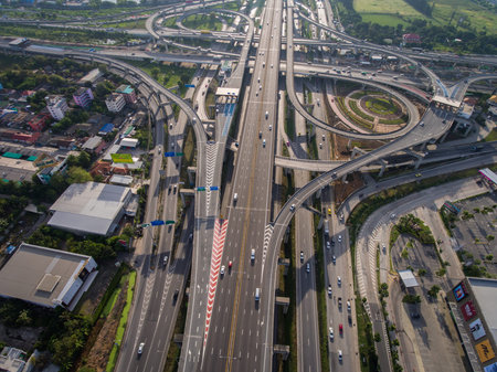 Aerial highway junction. Busy highway from aerial view. Highway shape like number 8 and infinity...