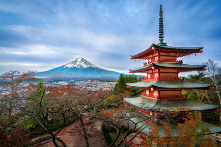 Mount Fuji and Chureito Pagoda at sunrise in autumn. Chureito pagoda is located in Fujiyoshida, Japan. Mount Fuji, Fuji san is famous natural landmark in Japan. Fuji is Japan's highest mountain.のeditorial素材