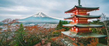 Mount Fuji and Chureito Pagoda at sunrise in autumn. Chureito pagoda is located in Fujiyoshida, Japan. Mount Fuji, Fuji san is famous natural landmark in Japan. Fuji is Japan's highest mountain.のeditorial素材