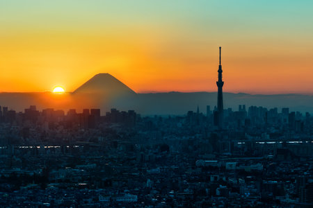 Mt Fuji and Tokyo Sky Tree in Sunset, Tokyo City, Japan. Urban scene, nature combination. Fuji Mountain view from Tokyo. Skyline of Skytree and Fuji Japan. Tokyo Cityscape with mount Fuji background.のeditorial素材