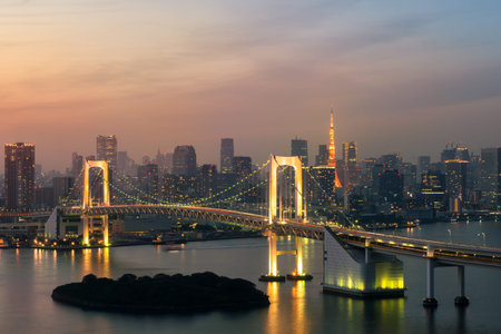 Tokyo skyline with Tokyo tower and rainbow bridge. Tokyo, Japan.のeditorial素材