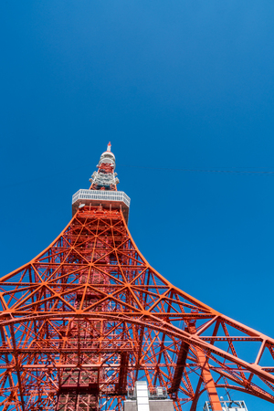 Tokyo Tower under clear blue sky in Tokyo, Japanのeditorial素材