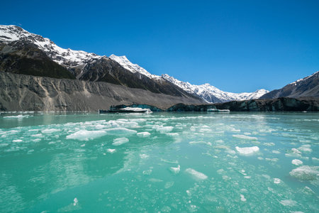 Beautiful turqouise Tasman Lake created by the melting Tasman Glacier in Mount Cook National Park,...