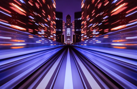 Motion blur train moving in city rail tunnel. Motion blur background abstract.の写真素材