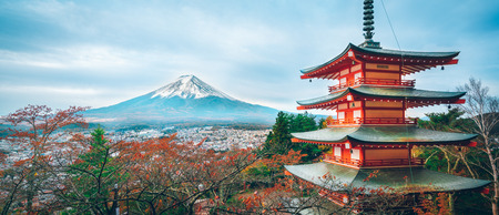Mount Fuji and Chureito Pagoda at sunrise in autumn, Japan. The Pagoda is in Arakura Sengen Shrine where tourist can see Mt Fuji from panoramic view, one of the most famous view of Fuji Mountain.のeditorial素材