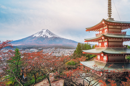 Mount Fuji and Chureito Pagoda at sunrise in autumn, Japan. The Pagoda is in Arakura Sengen Shrine where tourist can see Mt Fuji from panoramic view, one of the most famous view of Fuji Mountain.のeditorial素材