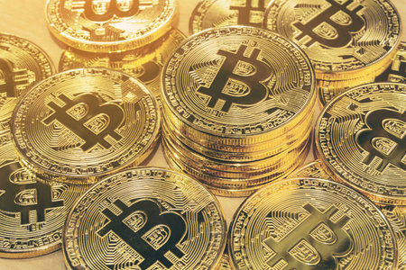 Physical Bitcoin pile background - Bitcoin mining business is the process of adding transaction...