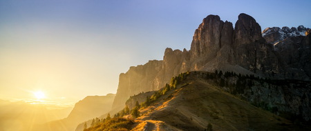 Dolomites, Italy Landscape at Passo Gardena with majestic Sella mountain group in northwestern Dolomites. Famous travel destination for adventure, trekking, hiking and outdoor activity.の写真素材
