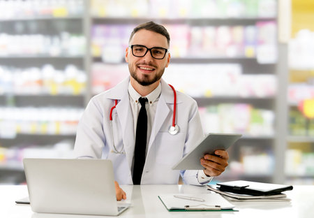 Pharmacist using tablet computer at the pharmacy. Medical healthcare and pharmaceutical staff...