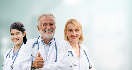 Healthcare people group. Professional doctor working in hospital office or clinic with other doctors, nurse and surgeon. Medical technology research institute and doctor staff service concept.の写真素材