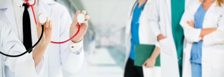 Healthcare people group. Professional doctor working in hospital office or clinic with other doctors, nurse and surgeon. Medical technology research institute and doctor staff service concept.の写真素材