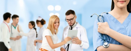 Healthcare people group. Professional doctor working in hospital office or clinic with other doctors, nurse and surgeon. Medical technology research institute and doctor staff service concept.の写真素材