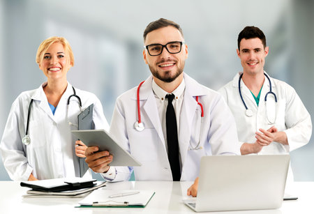 Healthcare people group. Professional doctor working in hospital office or clinic with other doctors, nurse and surgeon. Medical technology research institute and doctor staff service concept.の写真素材