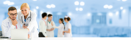 Healthcare people group. Professional doctor working in hospital office or clinic with other doctors, nurse and surgeon. Medical technology research institute and doctor staff service concept.の写真素材