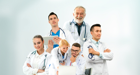 Healthcare people group portrait in creative layout. Professional medical staff, doctors, nurse and surgeon. Medical technology research institute and doctor staff service concept.の写真素材