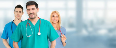 Healthcare people group. Professional doctor working in hospital office or clinic with other doctors, nurse and surgeon. Medical technology research institute and doctor staff service concept.の写真素材