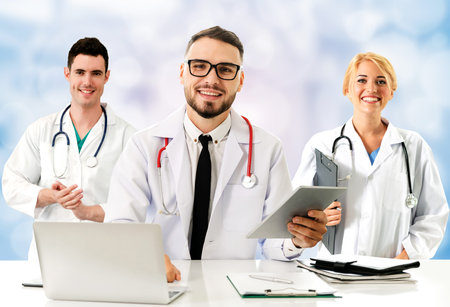 Healthcare people group. Professional doctor working in hospital office or clinic with other doctors, nurse and surgeon.の写真素材