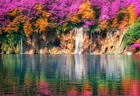 Exotic waterfall and lake landscape of Plitvice Lakes, natural and famous travel destination of Croatia. The lakes are located in central Croatia (Croatia proper).の写真素材