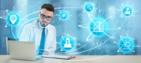 Medical Healthcare Research and Development Concept. Doctor in hospital lab with science health...
