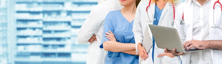 Healthcare people group. Professional doctor working in hospital office or clinic with other doctors, nurse and surgeon. Medical technology research institute and doctor staff service concept.の写真素材