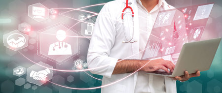 Health Insurance Concept - Doctor in hospital with health insurance related icon graphic interface...