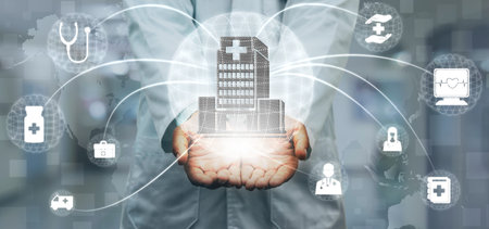 Medical Healthcare Concept - Doctor in hospital with digital medical icons graphic banner showing...