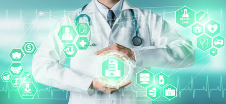 Health Insurance Concept - Doctor in hospital with health insurance related icon graphic interface...