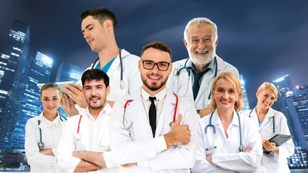 Healthcare people group portrait in creative layout. Professional medical staff, doctors, nurse and surgeon. Medical technology research institute and doctor staff service concept.の写真素材