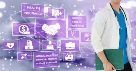 Health Insurance Concept - Doctor in hospital with health insurance related icon graphic interface showing healthcare people, money planning, risk management, medical treatment and coverage benefit.の写真素材