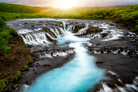 Landscape of Bruarfoss waterfall in Brekkuskogur, Iceland. Bruarfoss waterfall is the famous...