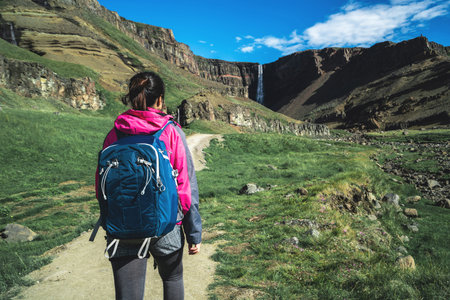 Woman traveler trekking in Icelandic summer landscape at the Hengifoss waterfall in Iceland. The...
