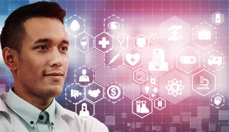 Health Insurance Concept - Doctor in hospital with health insurance related icon graphic interface...