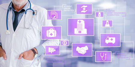 Health Insurance Concept - Doctor in hospital with health insurance related icon graphic interface...