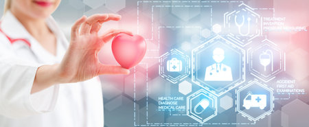 Medical Healthcare Concept - Doctor in hospital with digital medical icons graphic banner showing...