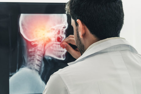 Young male doctor working with patient xray film of head or brain disease at the hospital....