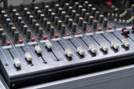 Amplifier mixer and equalizer in studio room in close up view.