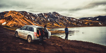 Landmannalaugar, Iceland - July 2, 2018: 4WD vehicle car travel off road in landscape of Landmannalaugar in highland of Iceland, Nordic, Europe.のeditorial素材