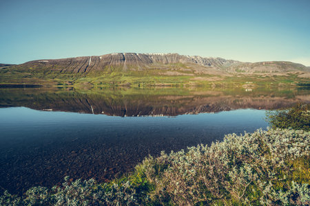 Lake Ljosavatn in North Iceland near Akureyri in summer day.の写真素材