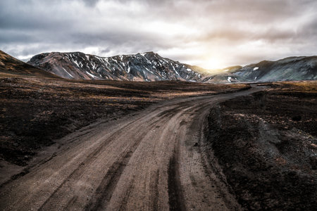 Beautiful Landmanalaugar gravel dust road way on highland of Iceland, Europe.の写真素材