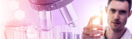 Research and development concept. Double exposure image of scientific and medical lab instrument,...